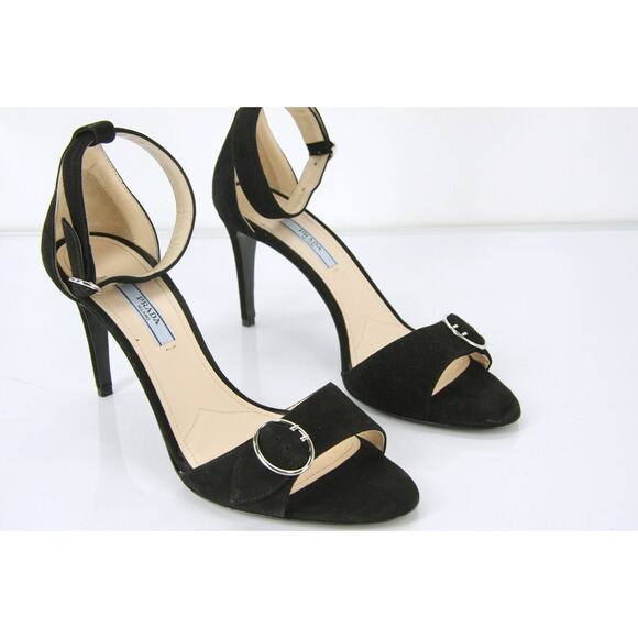 Prada Black Suede Ankle Strap Sandals Size 39.5 Heels New Buckle - Picture 3 of 11